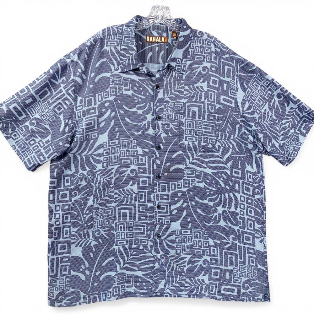 Kahala 1936 Hawaiian Shirt Mens 2XL Blue Aloha Tropical Geometric Rayon Button F